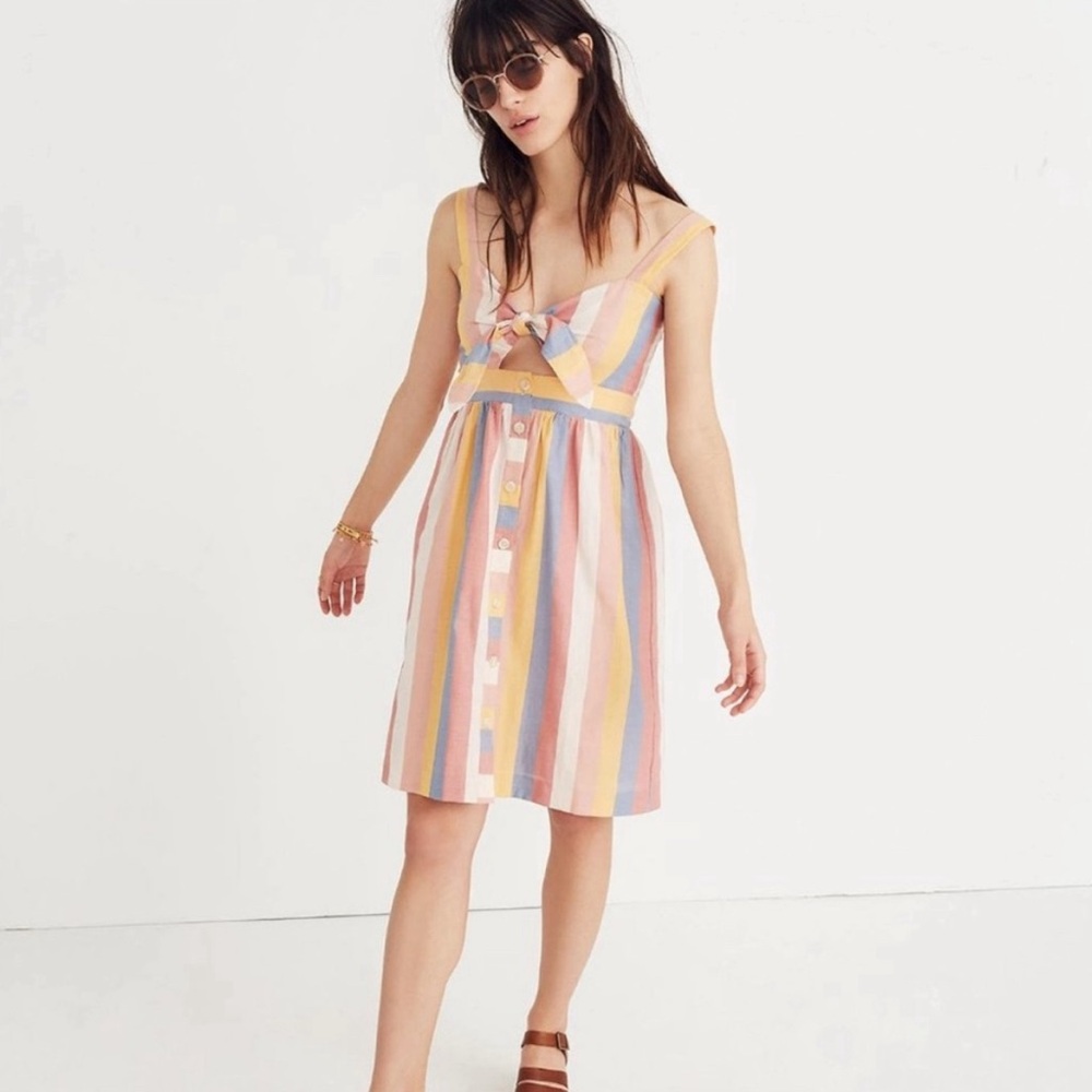 Madewell Tie-Front Sherbert Rainbow Vertical Stripe Dress